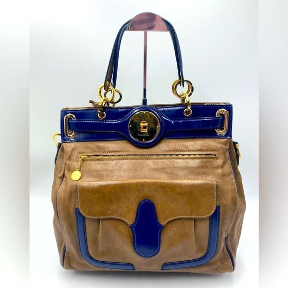 Balenciaga Handbags - Auth Balenciaga Smooth Brown Leather Navy Patent Top Handle Moon Bag Preloved